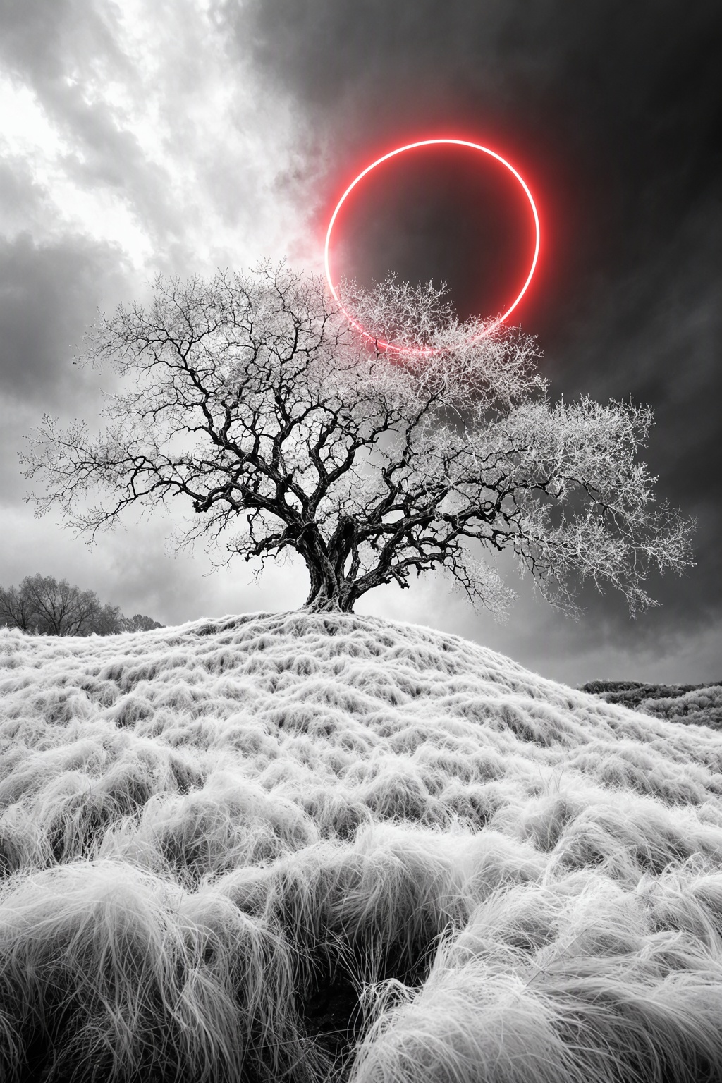 Abstract,  white fleecy hill,  sprawling black and white tree on Tensor.Art