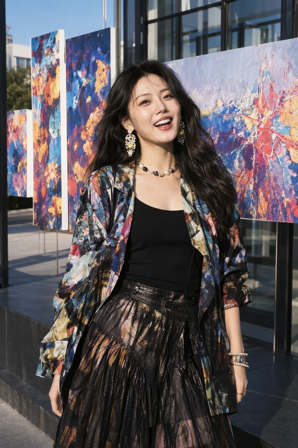 Create a photo of a 23-year-old Korean woman standing in front of a modern art installation during the day. She is dressed...
