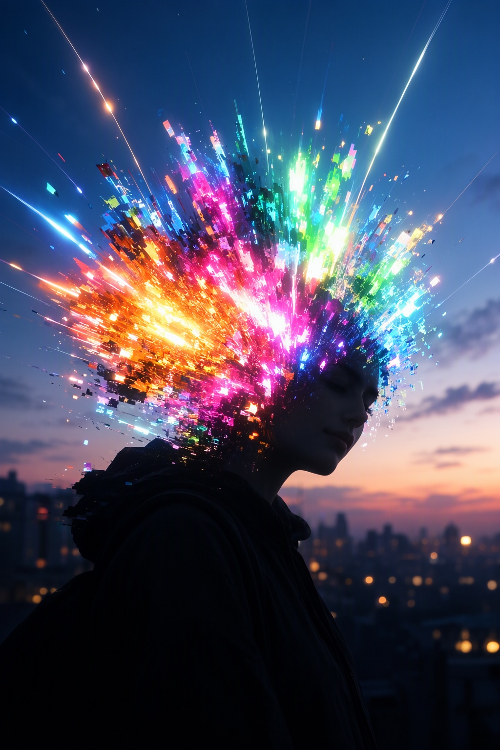 A surreal and glitch-inspired depiction of a figure with their head dissolving into a vibrant explosion of colorful light...