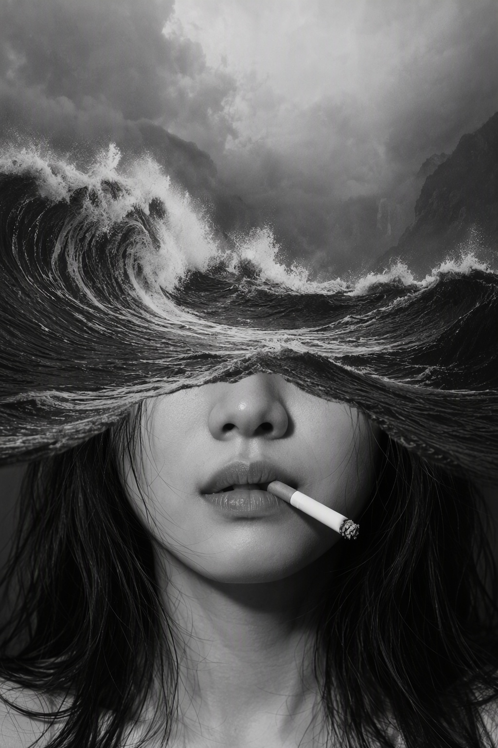 A surreal artwork showing a asian woman face with a cigarette in their mouth. upper face is obscured by what looks like a...