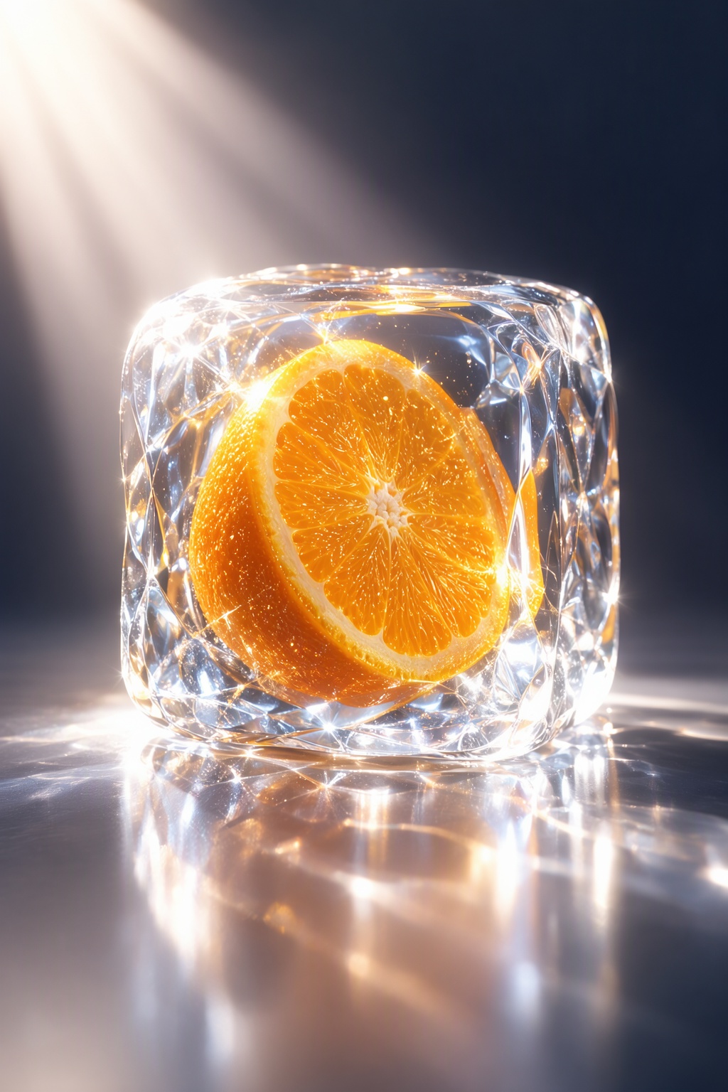3D render,  realistic,  shining orange slice inside faceted ice cube on Tensor.Art