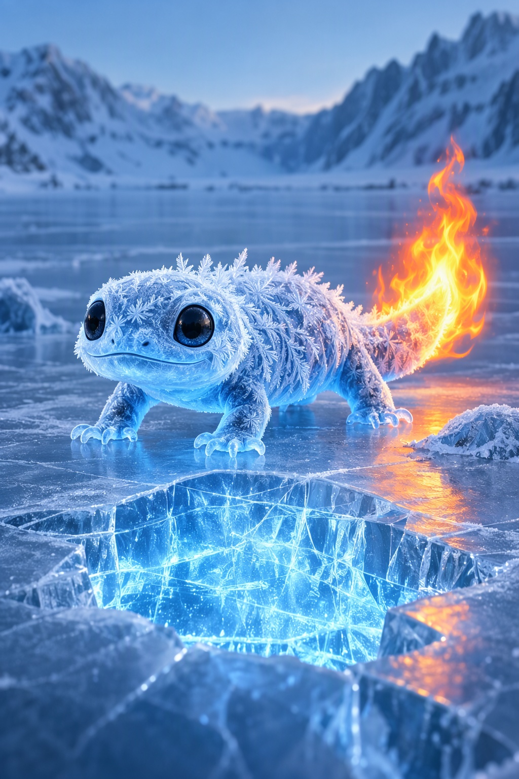 An adorable,  hyper-stylistic ice salamander stands on a sheet of cracked ice,  its body a mesmerizing fusion of frosty bl...