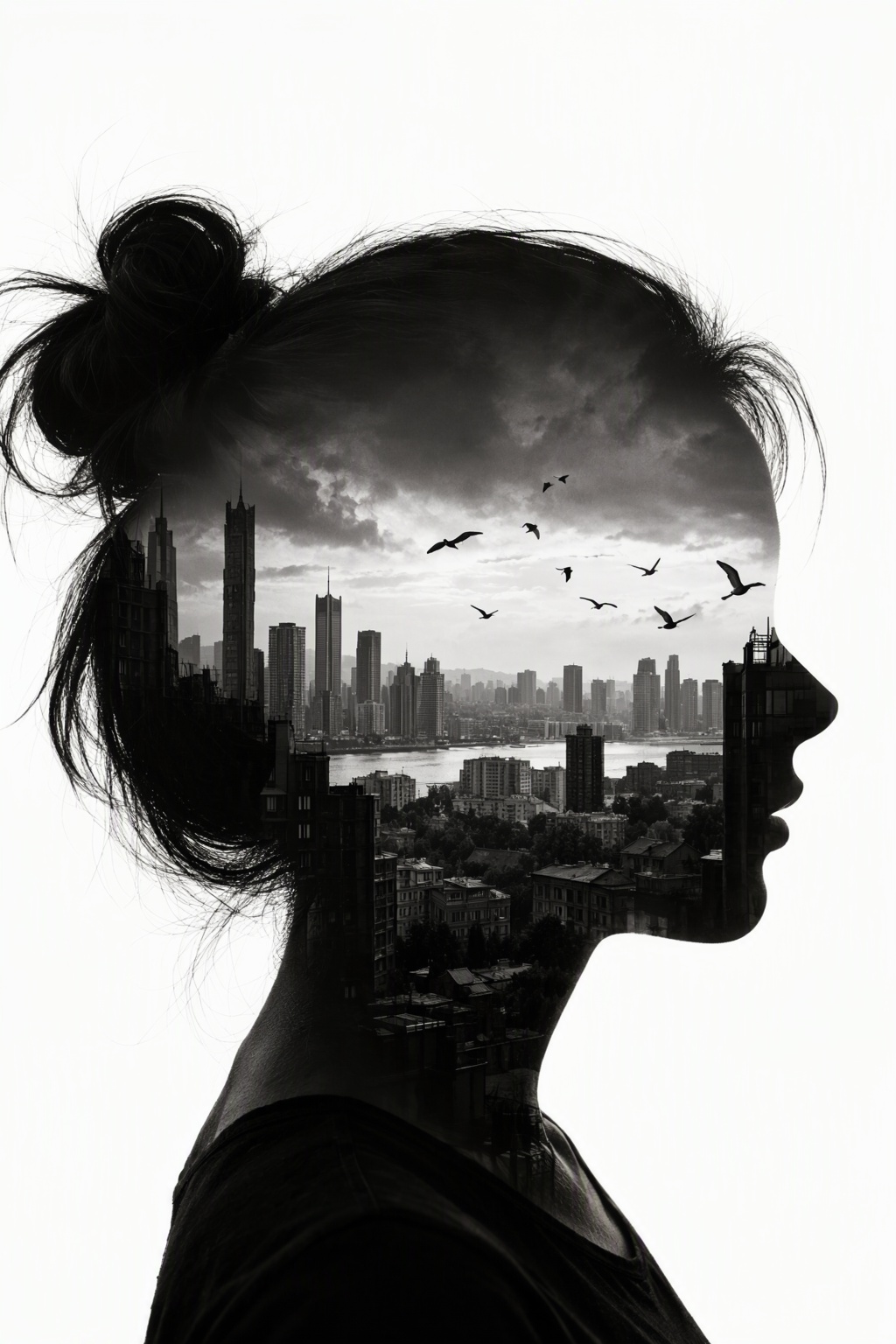 silhouette of a woman head,  within which there appears to be a cityscape with buildings. (birds FLY BETWEEN BUILDINGS,  I...