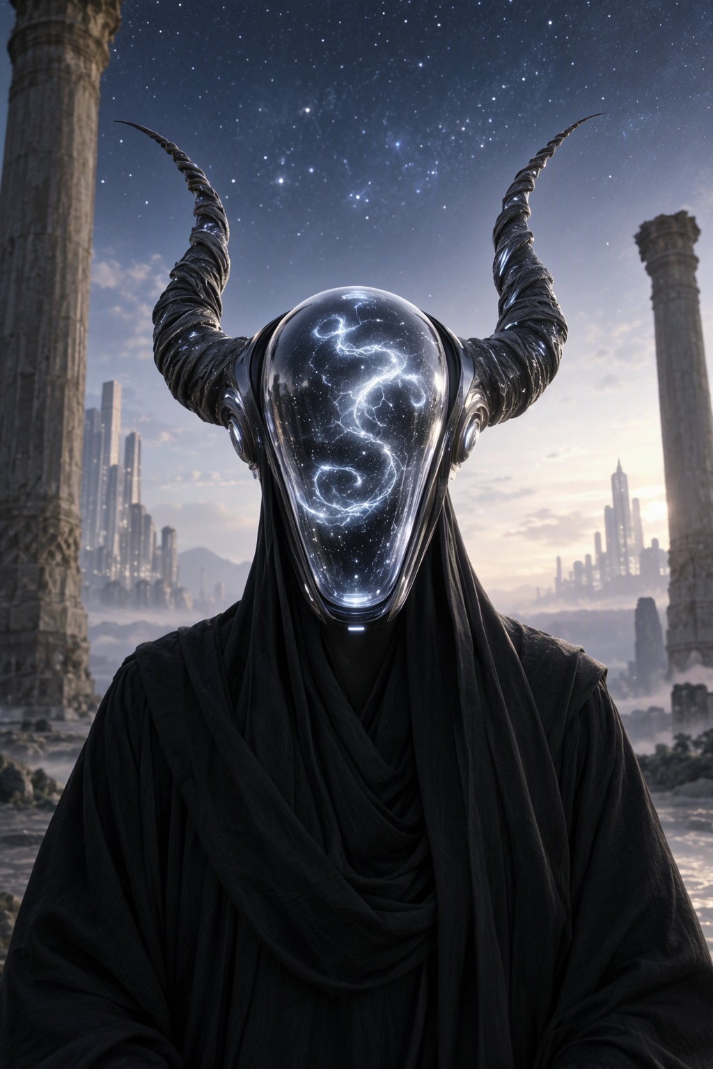 Cinematic,  futuristic scene featuring a close-up portrait of a mysterious figure wearing a dark,  flowing robe. The figur...