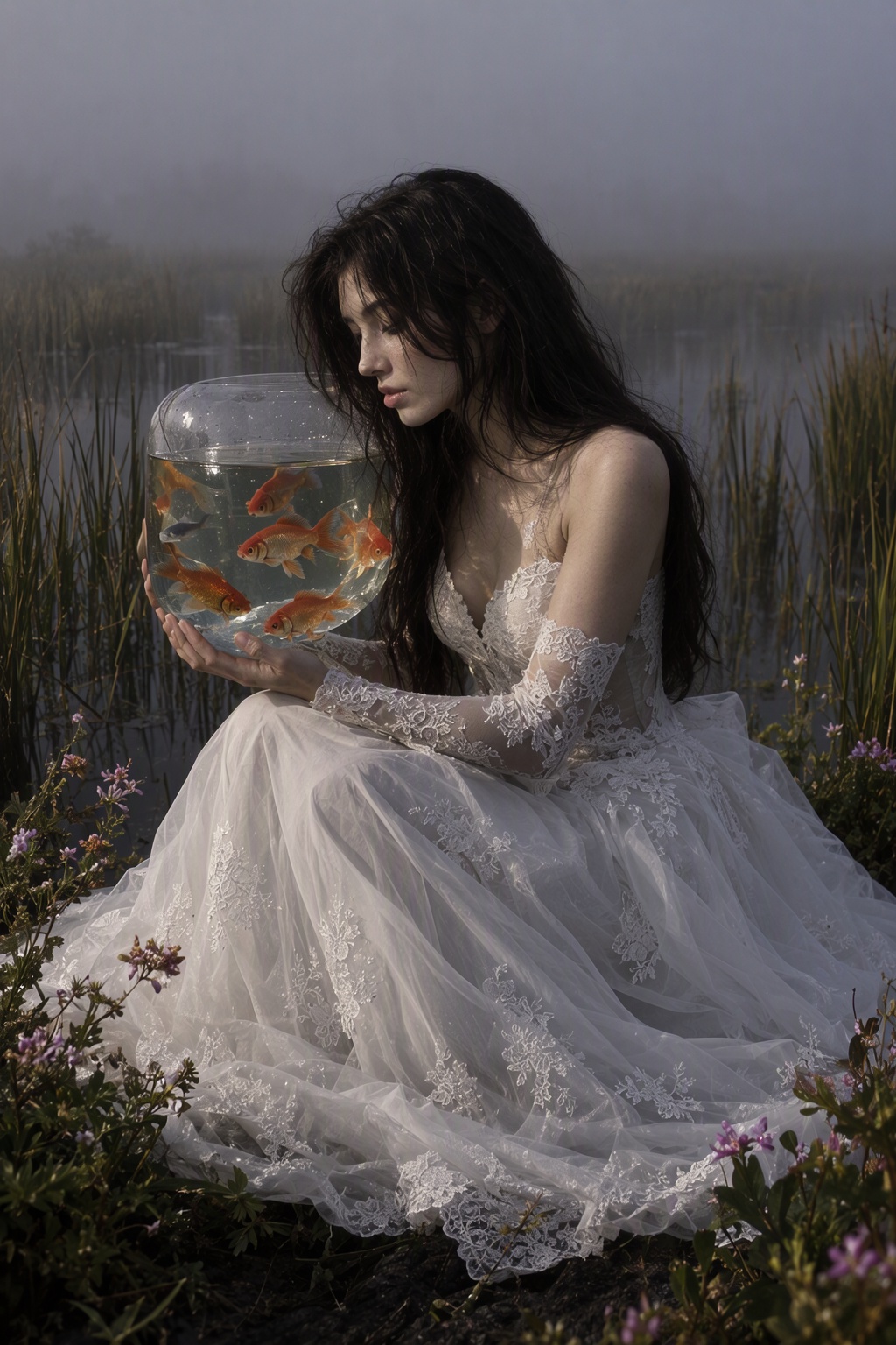 digital paint of a person sitting in lace wedding dress and holdint a **** with gold fish in a natural setting,  likely a...