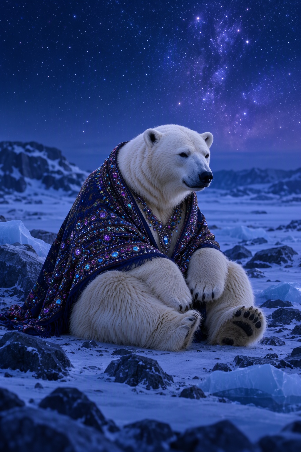 In this captivating realistic shot,  an anthropomorphic polar bear dressed in a richly textured,  jewel-toned shawl sits c...