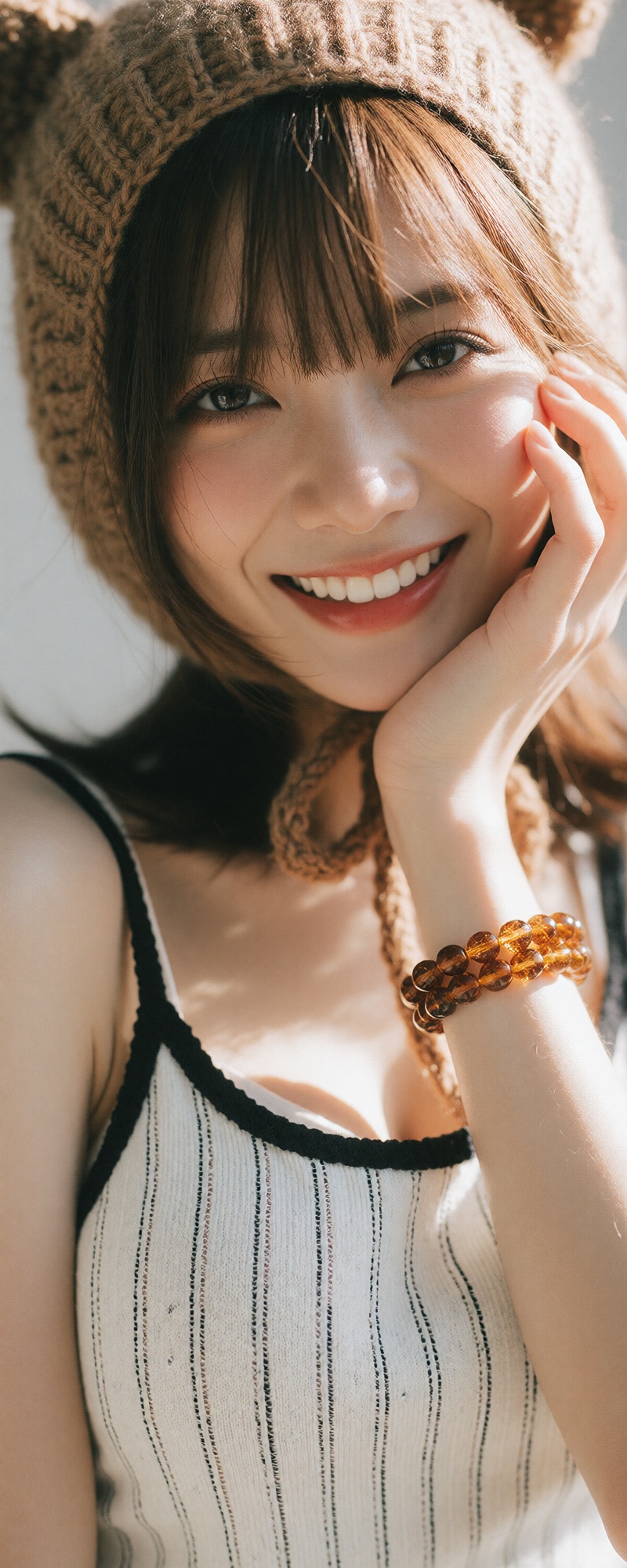 特写人像,  一位大胸部的年轻亚洲女性微笑面对镜头,  戴棕色针织熊耳帽 on Tensor.Art