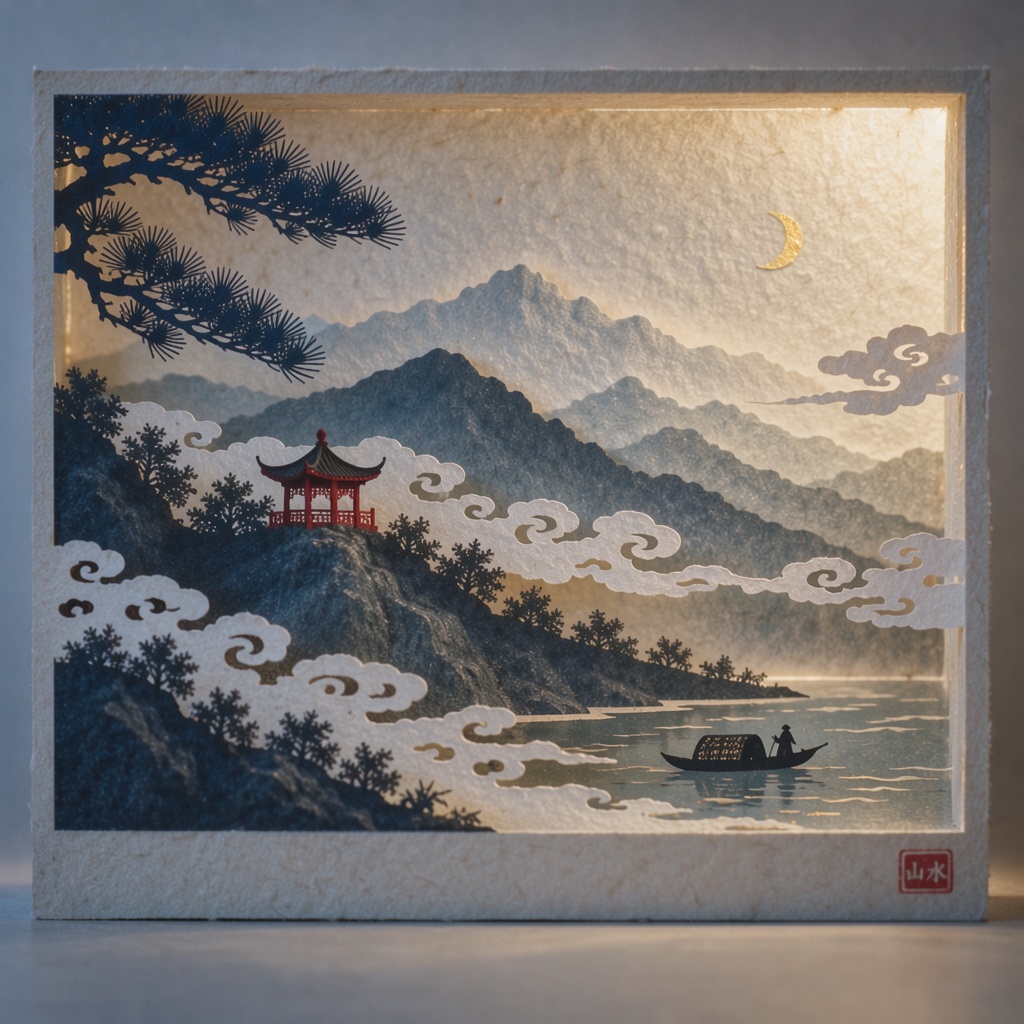 A museum-quality multi-layered paper-cut diorama photographed on a studio table,  shot with a 90mm macro lens at f/8,  in...