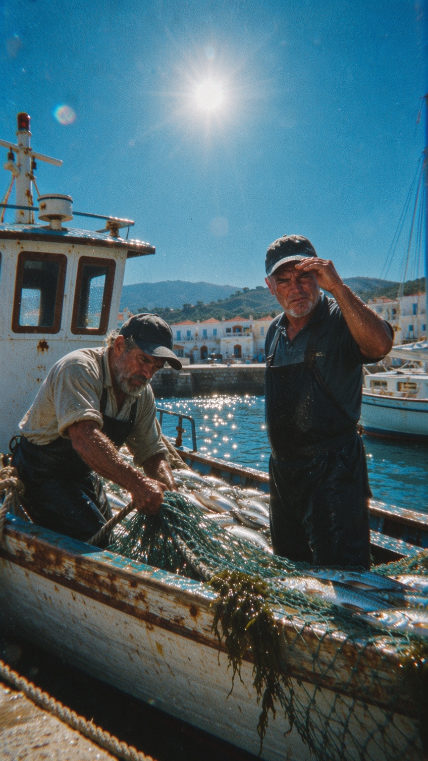 A documentary photograph made at solar noon in a small Mediterranean fishing harbour,  shot on a full-frame body with a 28...