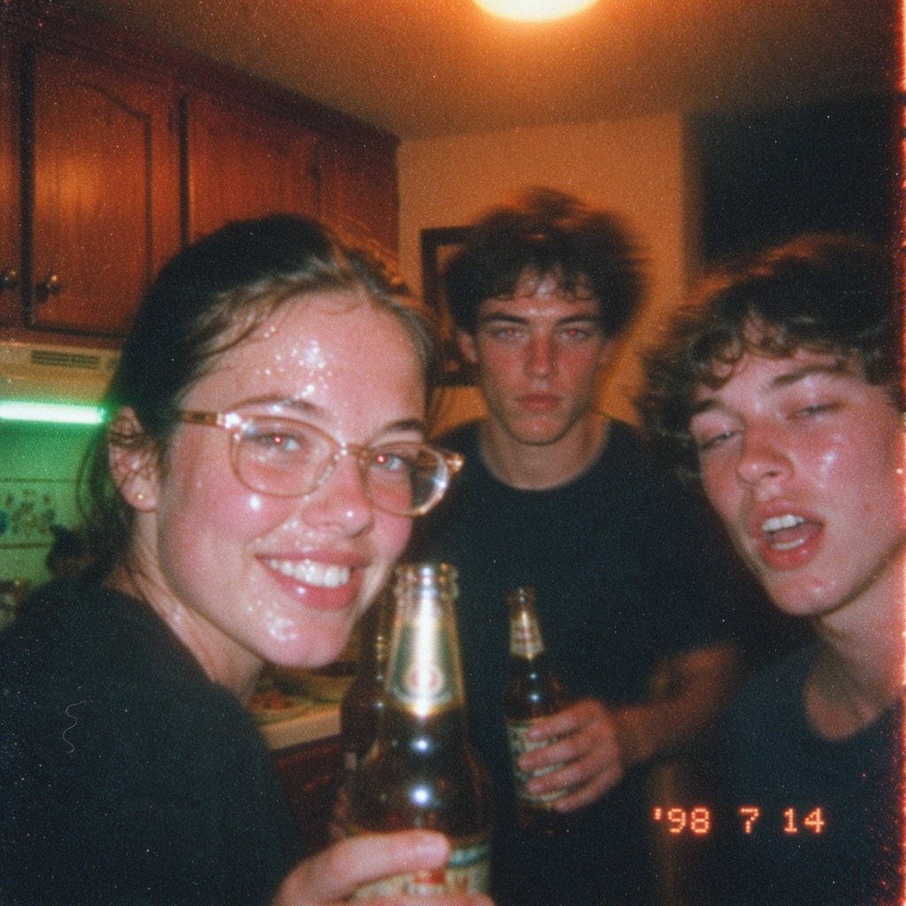 A badly-made snapshot from a cheap 1998 compact film camera with its built-in flash fired,  shot at roughly 38mm,  a fixed...