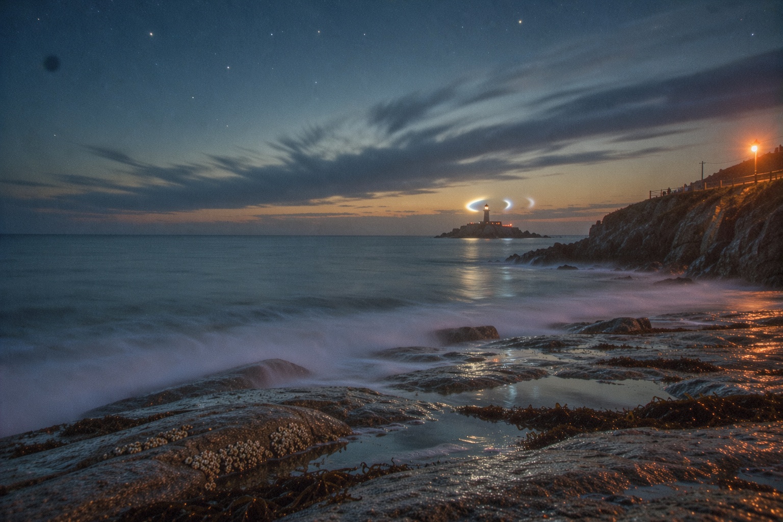 A single thirty-second long-exposure landscape photograph of a rocky coastline at blue hour,  made on a full-frame body wi...