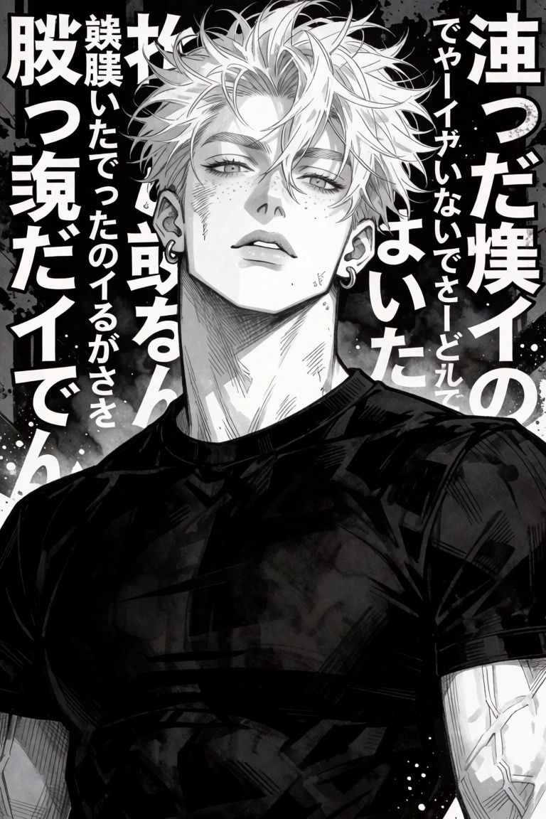 Create an extremely detailed black-and-white seinen manga illustration of a tall,  muscular,  effortlessly cool young man...