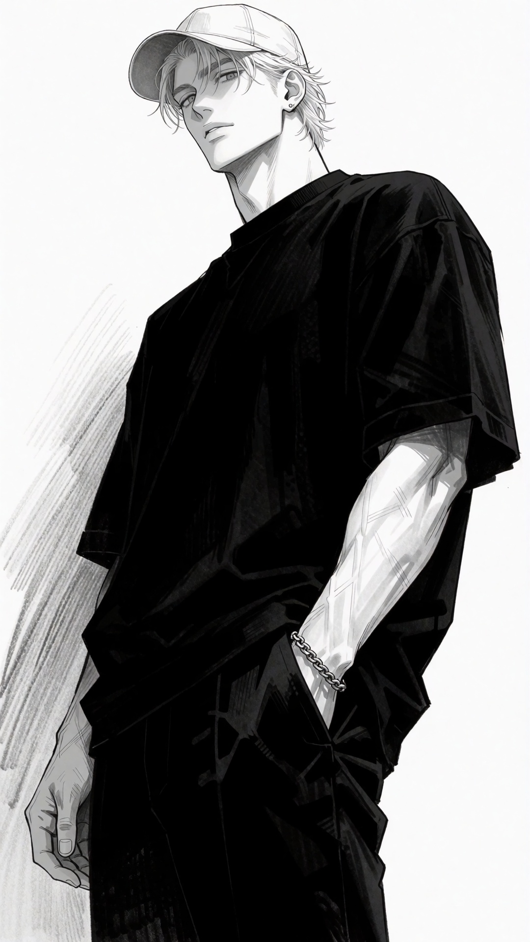 Create an extremely detailed black-and-white seinen manga illustration of the same recurring male character: medium-length...