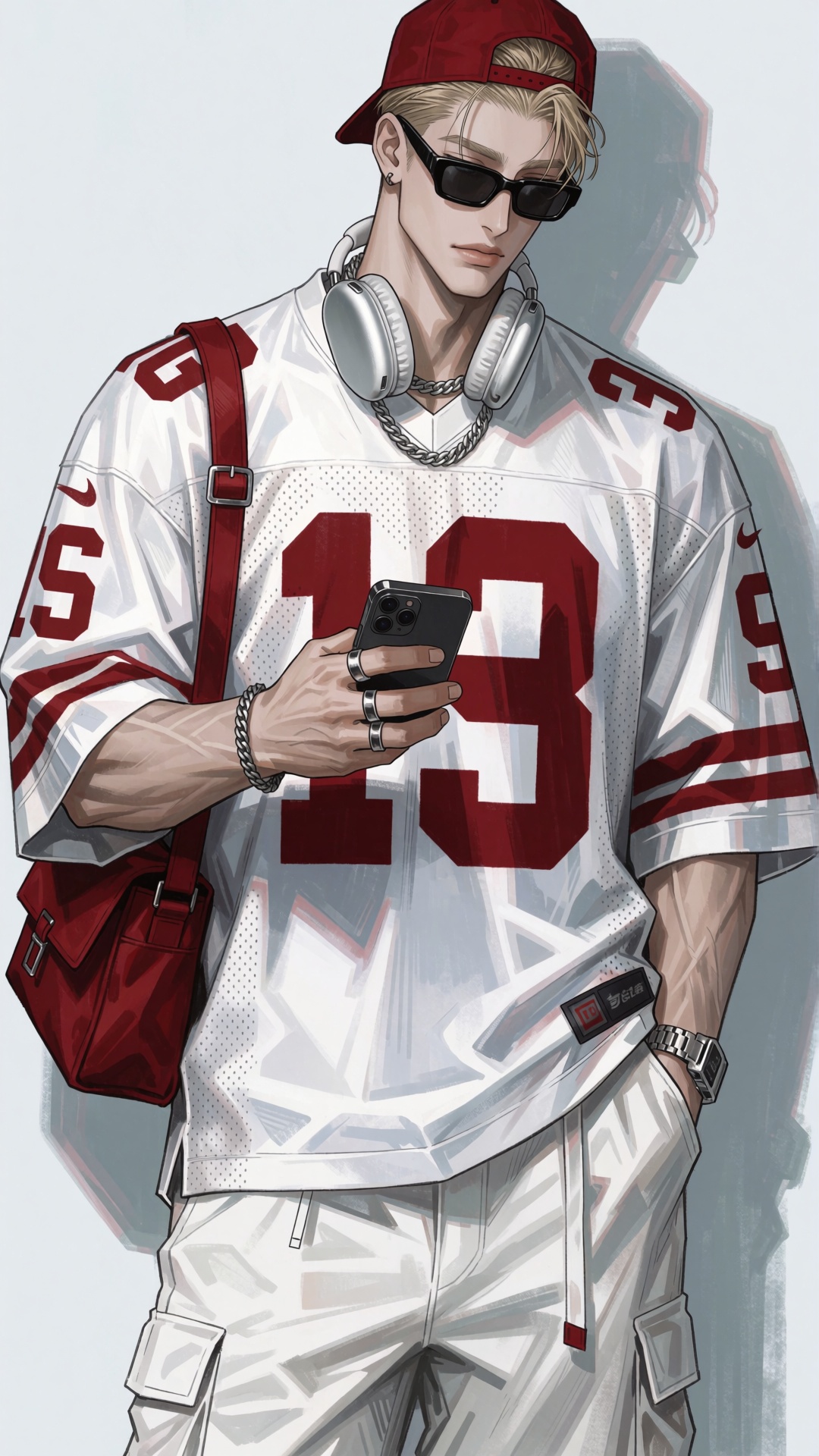 Create an extremely detailed,  colored seinen manga illustration of the same recurring male character: medium-length blond...