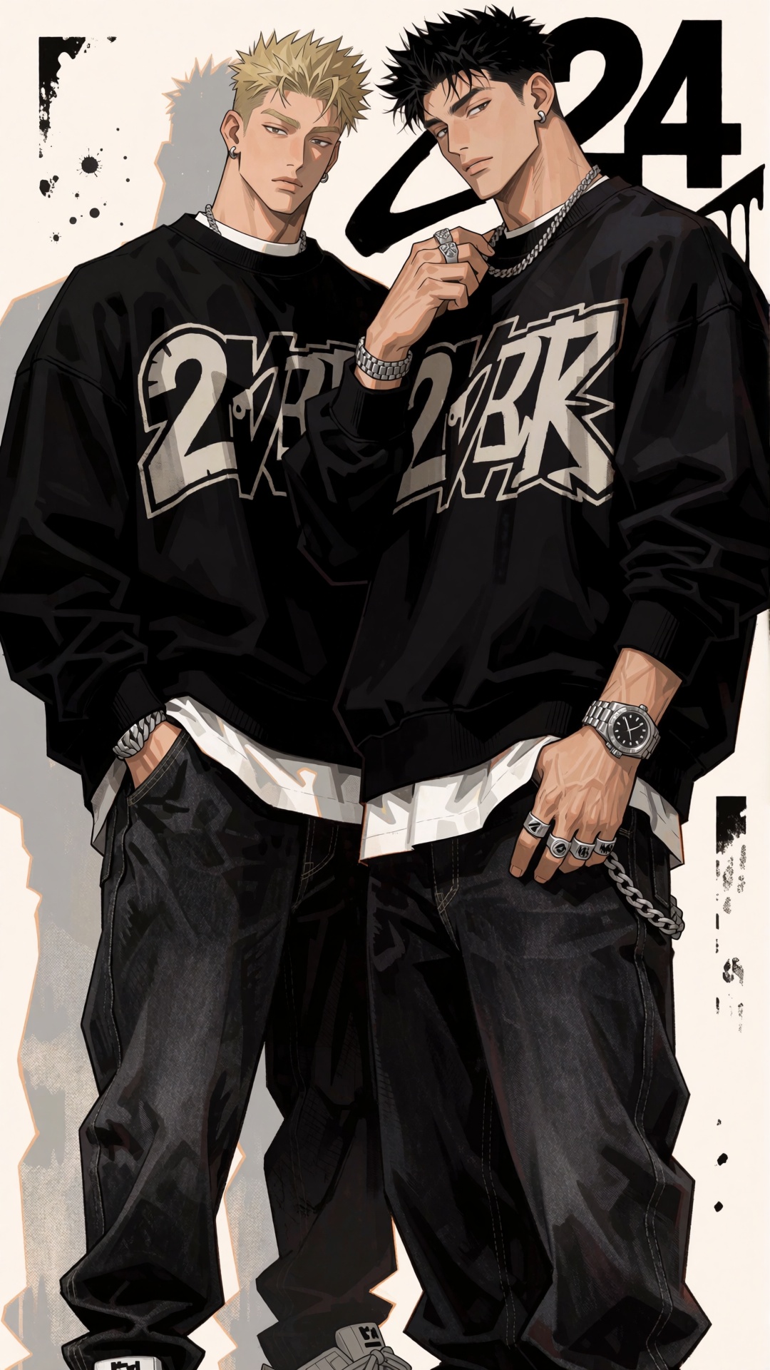 Create an extremely detailed,  colored seinen manga illustration of 2 24 year old men: a blonde and a jetblack haired male...