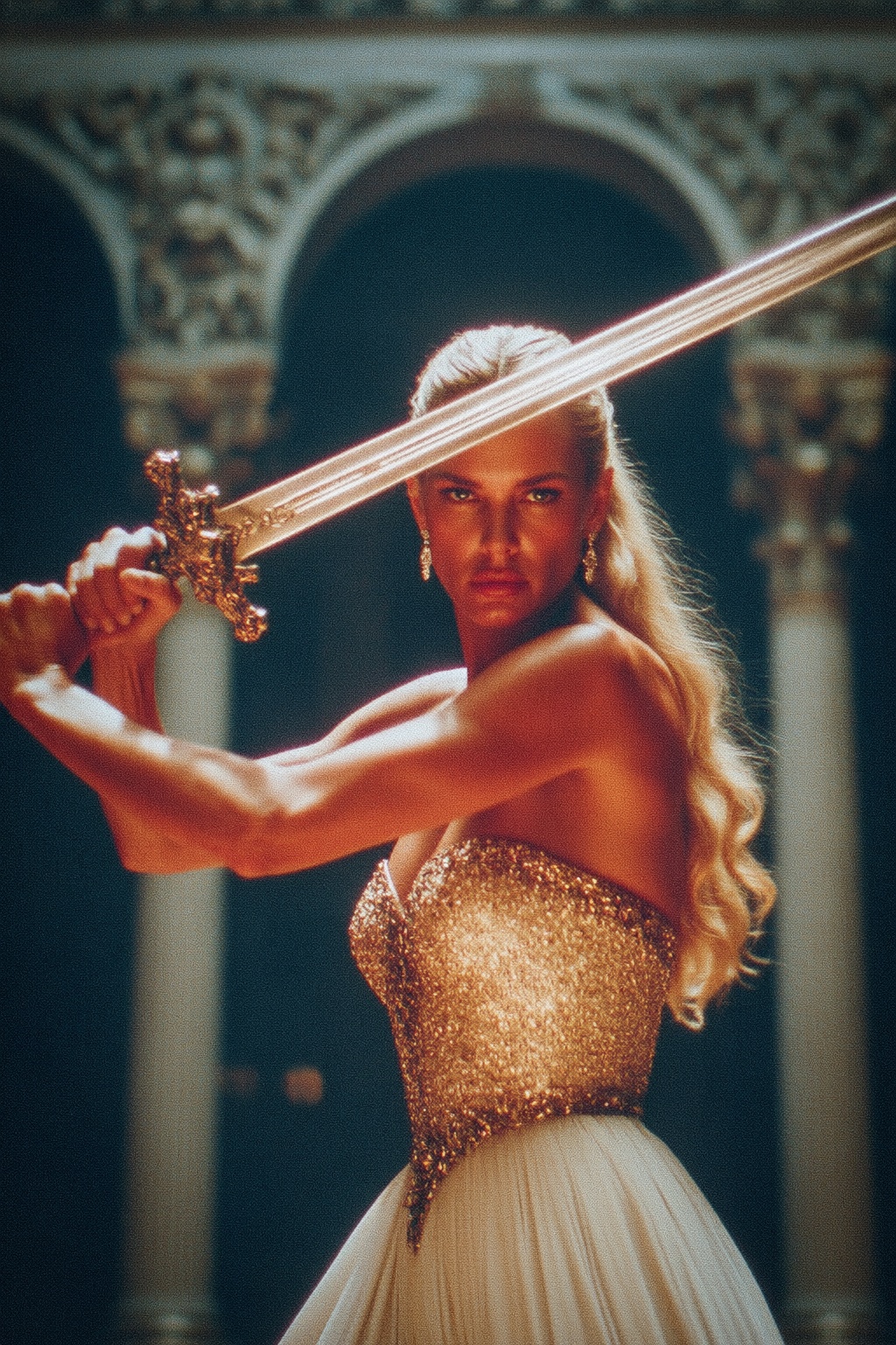 A woman with long,  wavy blonde hair stands in a dramatic pose,  gripping a large ornate sword with both hands held diagon...