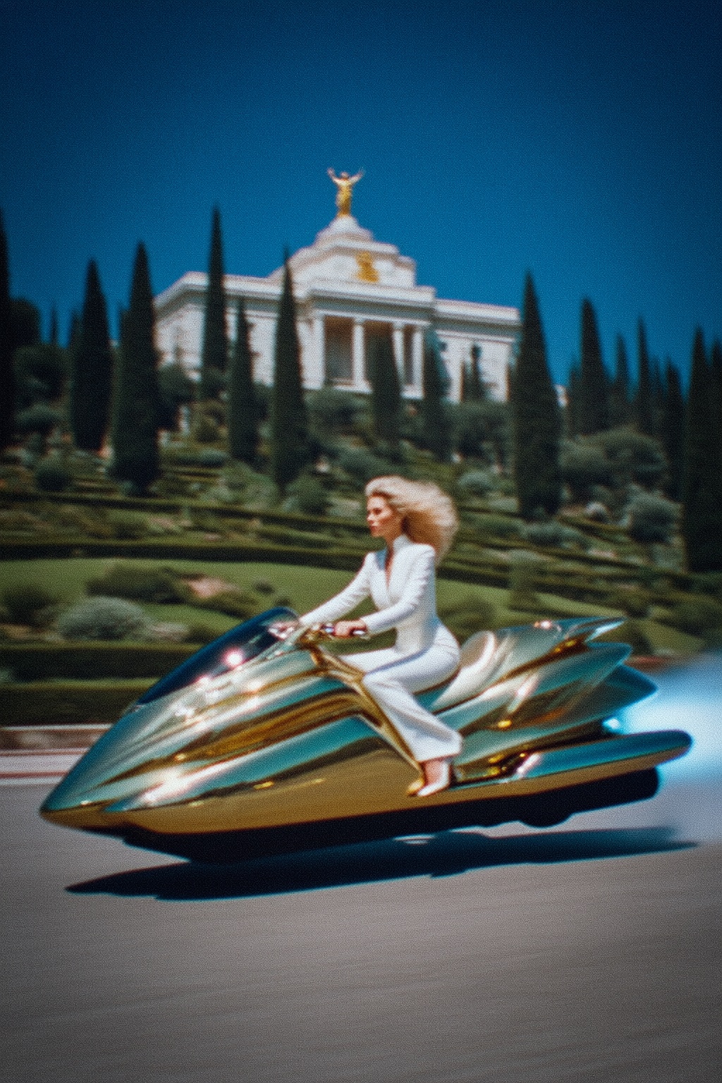 A woman with voluminous blonde hair,  dressed in a white long-sleeved jumpsuit,  rides a sleek on Tensor.Art