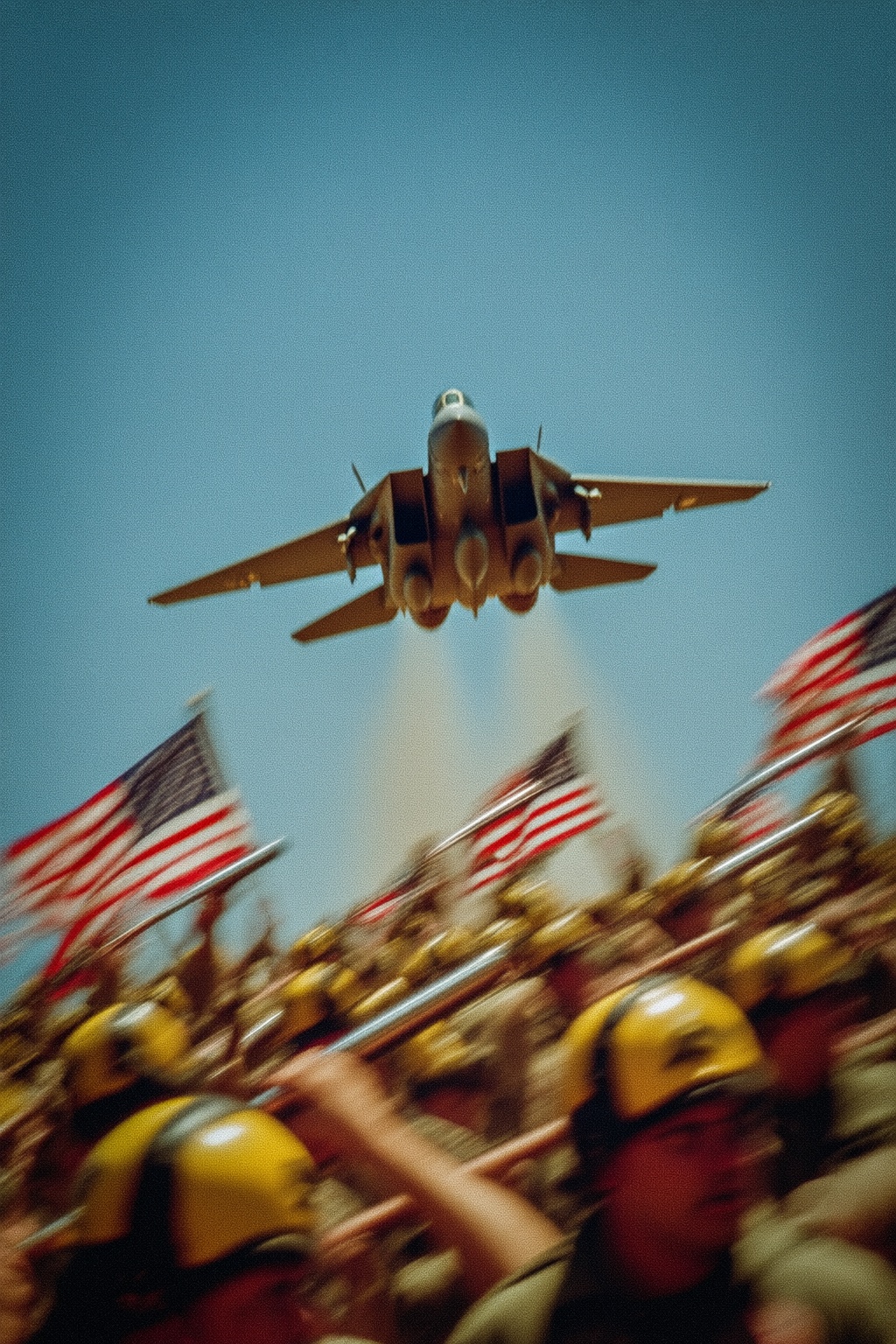 A fighter jet,  likely an F-15,  soars low overhead against a clear blue sky on Tensor.Art
