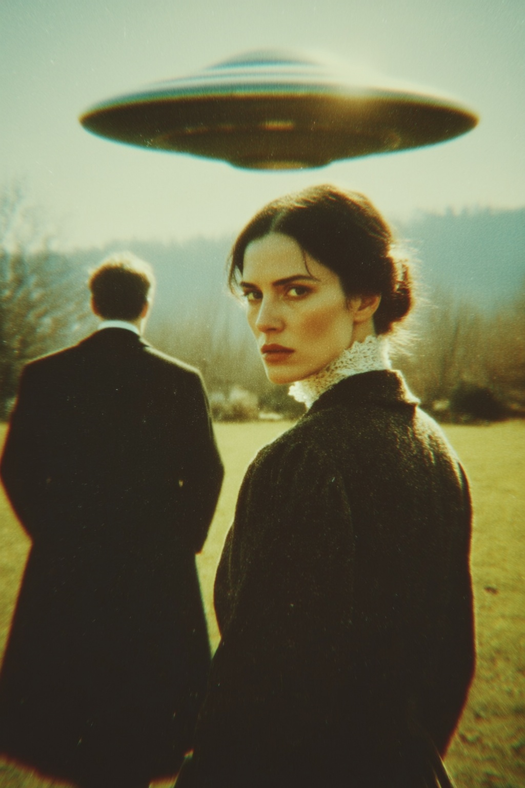 A woman with dark hair styled in an updo gazes intently toward the viewer,  her face partially illuminated by warm,  hazy...