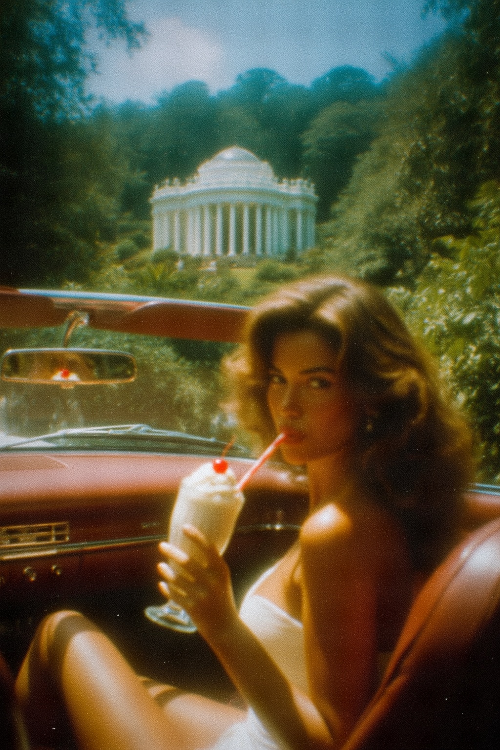 A woman with wavy brown hair sits in the passenger seat of a vintage car,  sipping a creamy milkshake topped with a cherry...