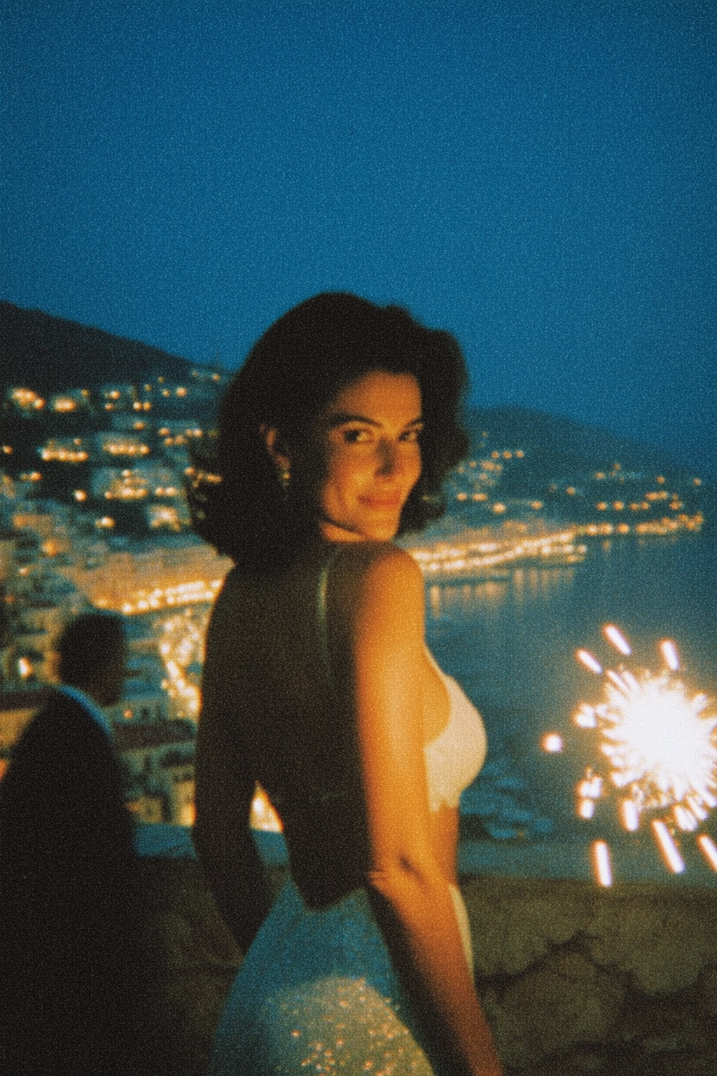 A woman with dark,  wavy shoulder-length hair stands in profile,  glancing over her shoulder toward the viewer on Tensor.Art