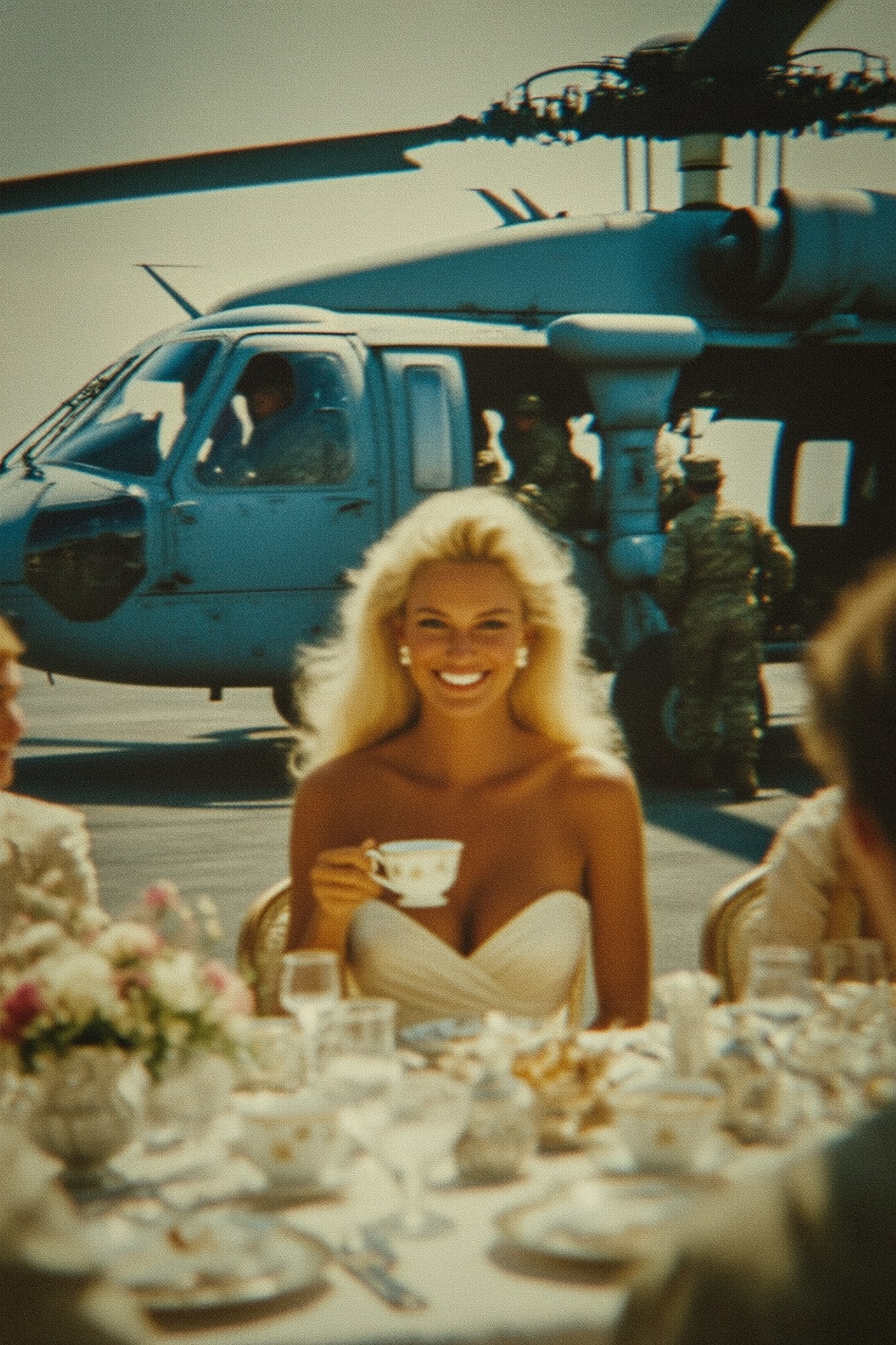 A smiling blonde woman in a white strapless dress sits at a lavishly set outdoor table,  holding a delicate teacup; her vo...