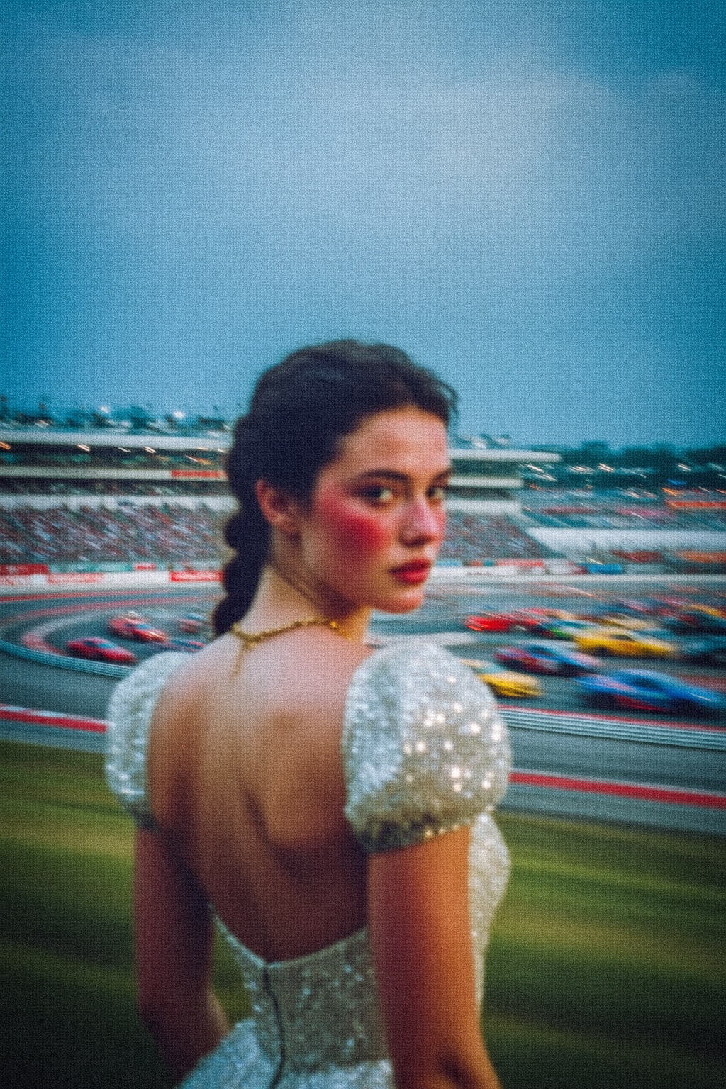 A young woman with dark hair styled in a low braid stands in profile,  glancing over her shoulder toward the viewer. She w...