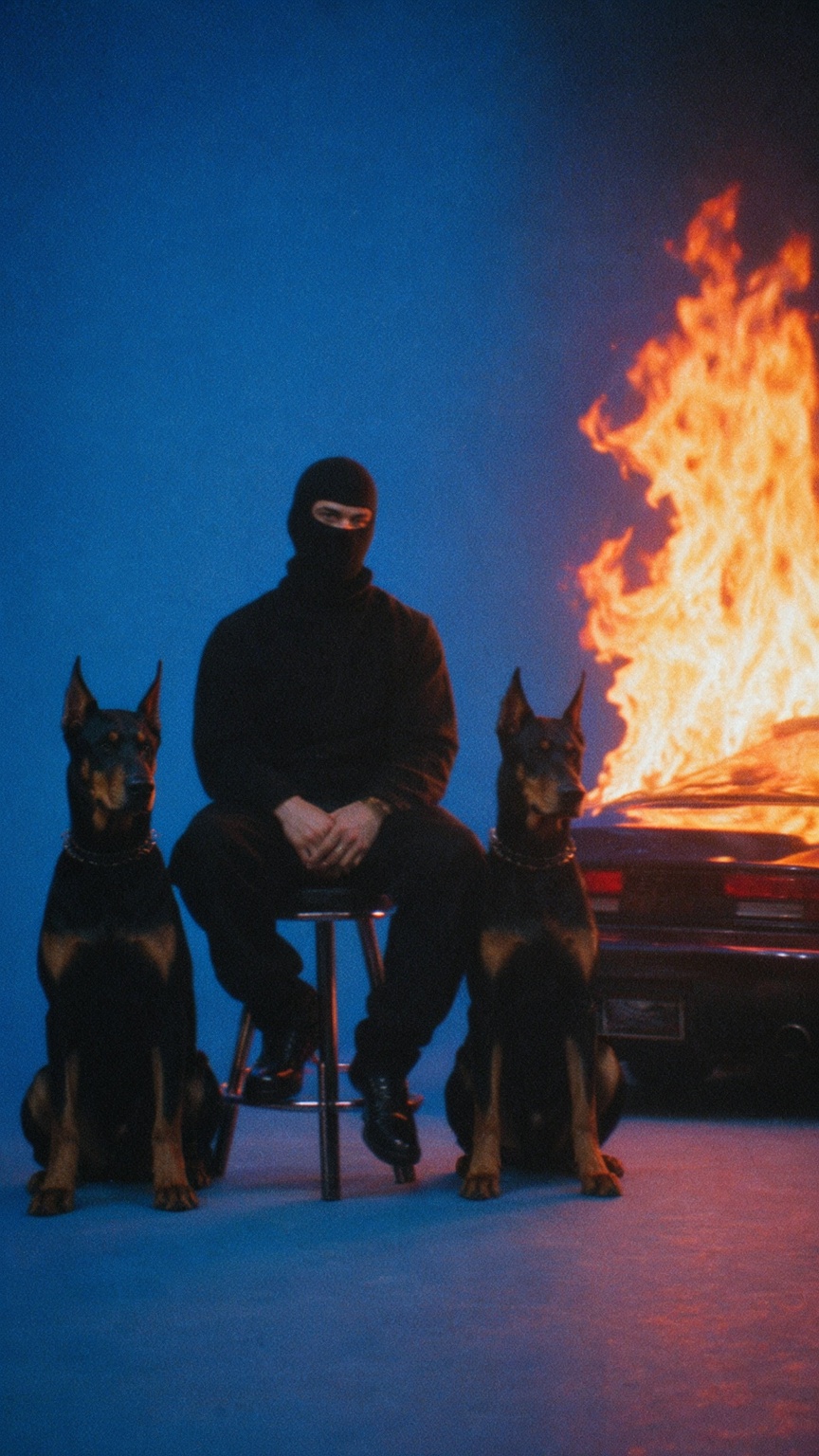 A man dressed in all-black clothing and a black balaclava sits on a tall stool against a solid,  deep blue studio backdrop...