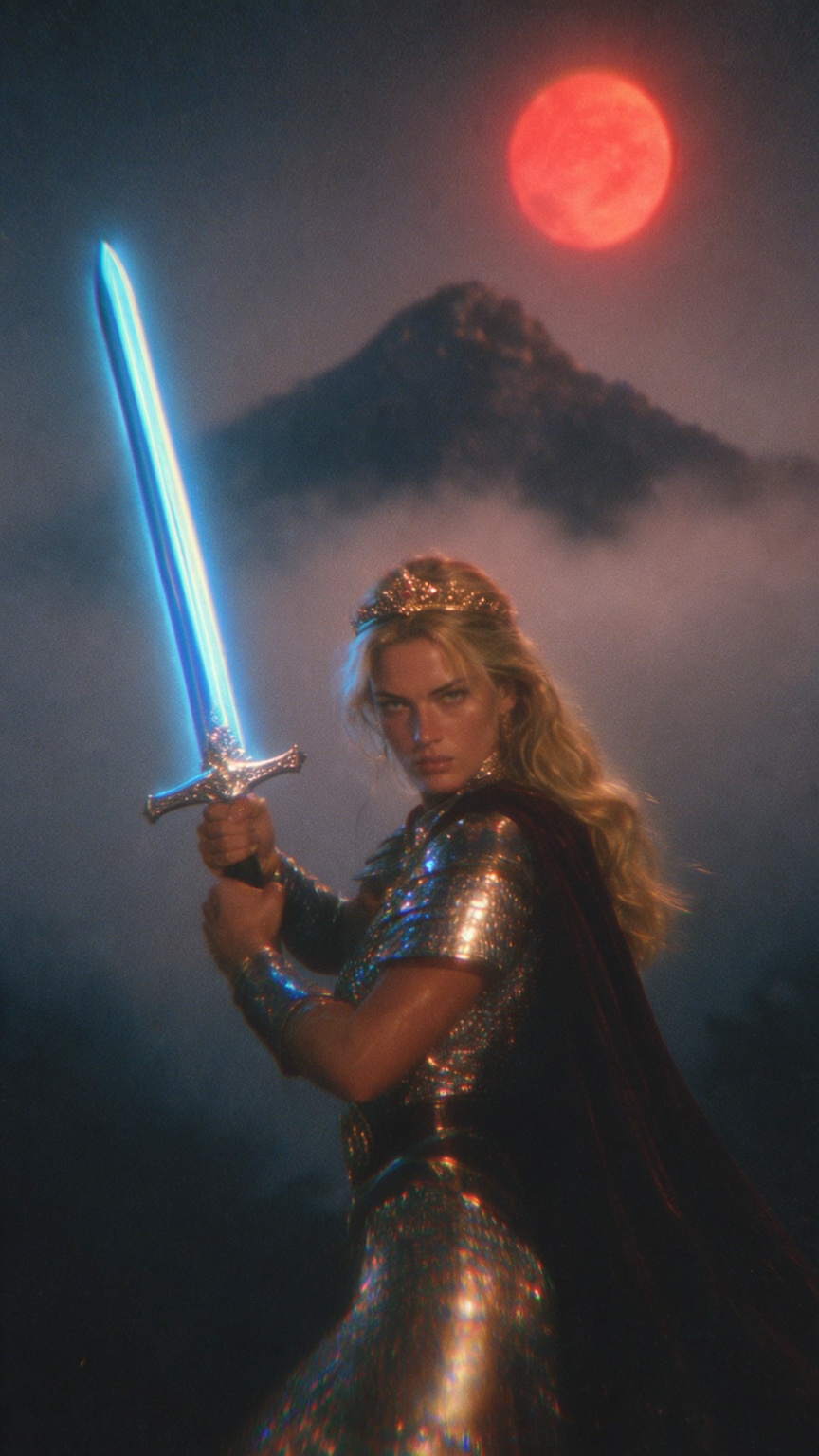 A fantasy warrior woman holds a glowing silver broadsword with both hands,  its blade radiating a soft neon-blue luminesce...