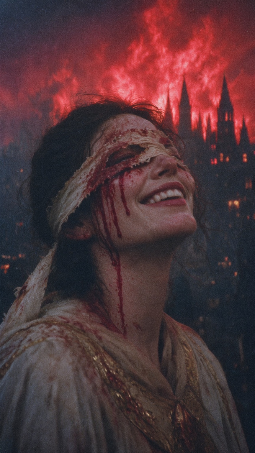 A woman smiles with unnerving ecstasy,  her head tilted back in bliss even as blood streams from beneath a torn,  ragged b...