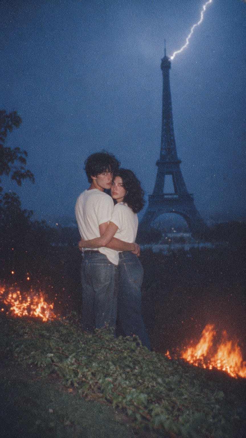 A vertical cinematic photograph taken during the blue hour in a surreal version of Paris. **A young couple consisting of a...