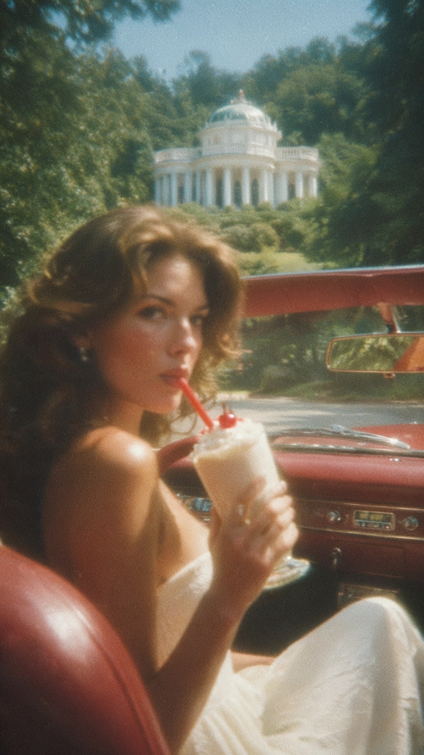 A woman with wavy brown hair sits in the passenger seat of a vintage car,  sipping a creamy milkshake topped with a cherry...