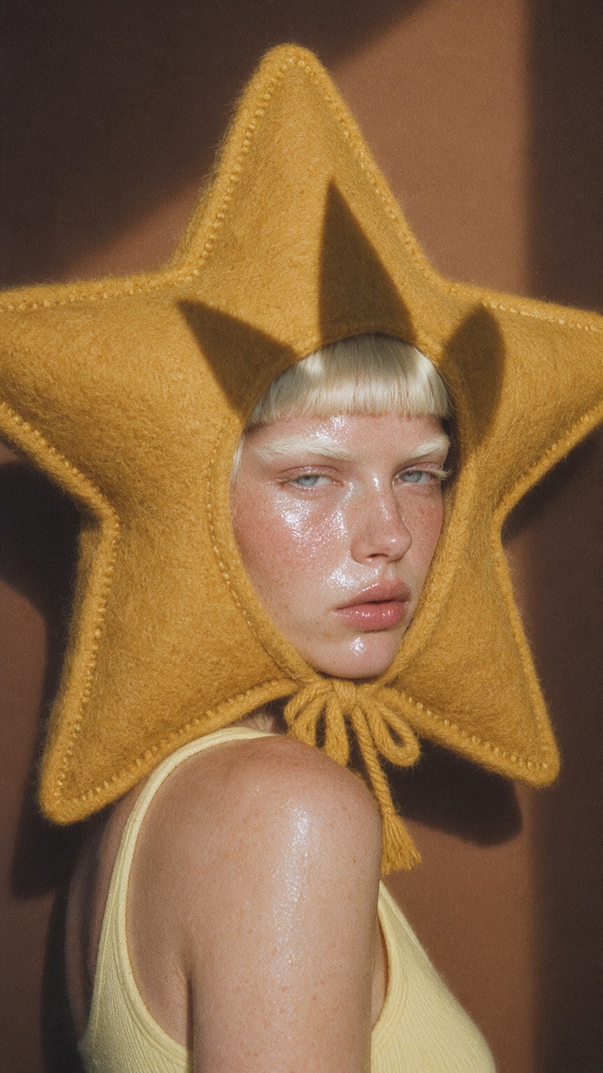 A whimsical yet melancholic close-up portrait of a pale model wearing an oversized,  sculptural five-pointed star hood cra...