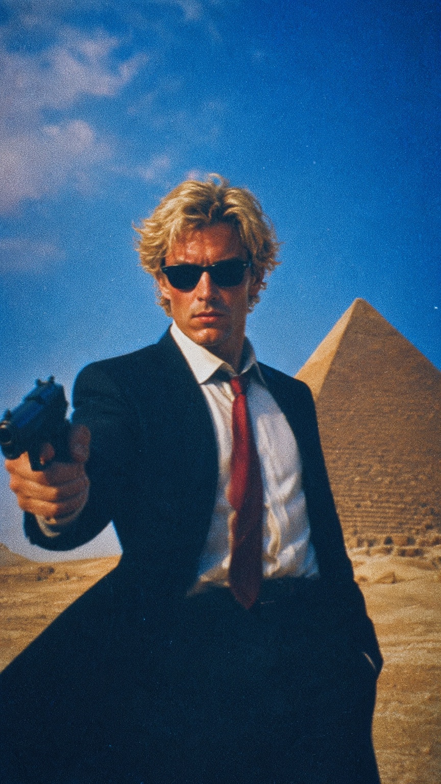 A man with tousled blond hair and dark sunglasses stands in a desert landscape,  holding a pistol in his right hand extend...