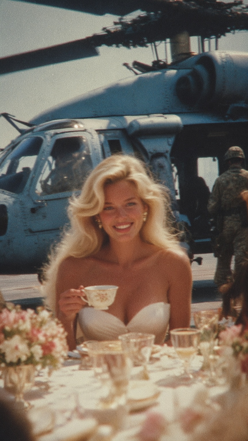 A smiling blonde woman in a white strapless dress sits at a lavishly set outdoor table,  holding a delicate teacup; her vo...