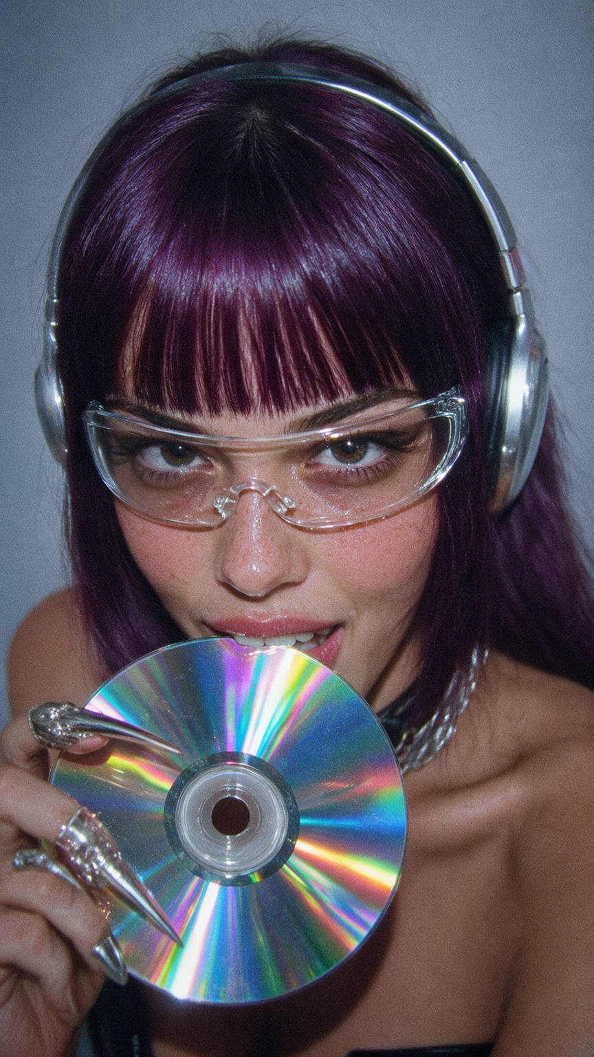A dynamic,  high-angle portrait of a young woman with deep plum-purple hair and straight bangs,  playfully biting the edge...