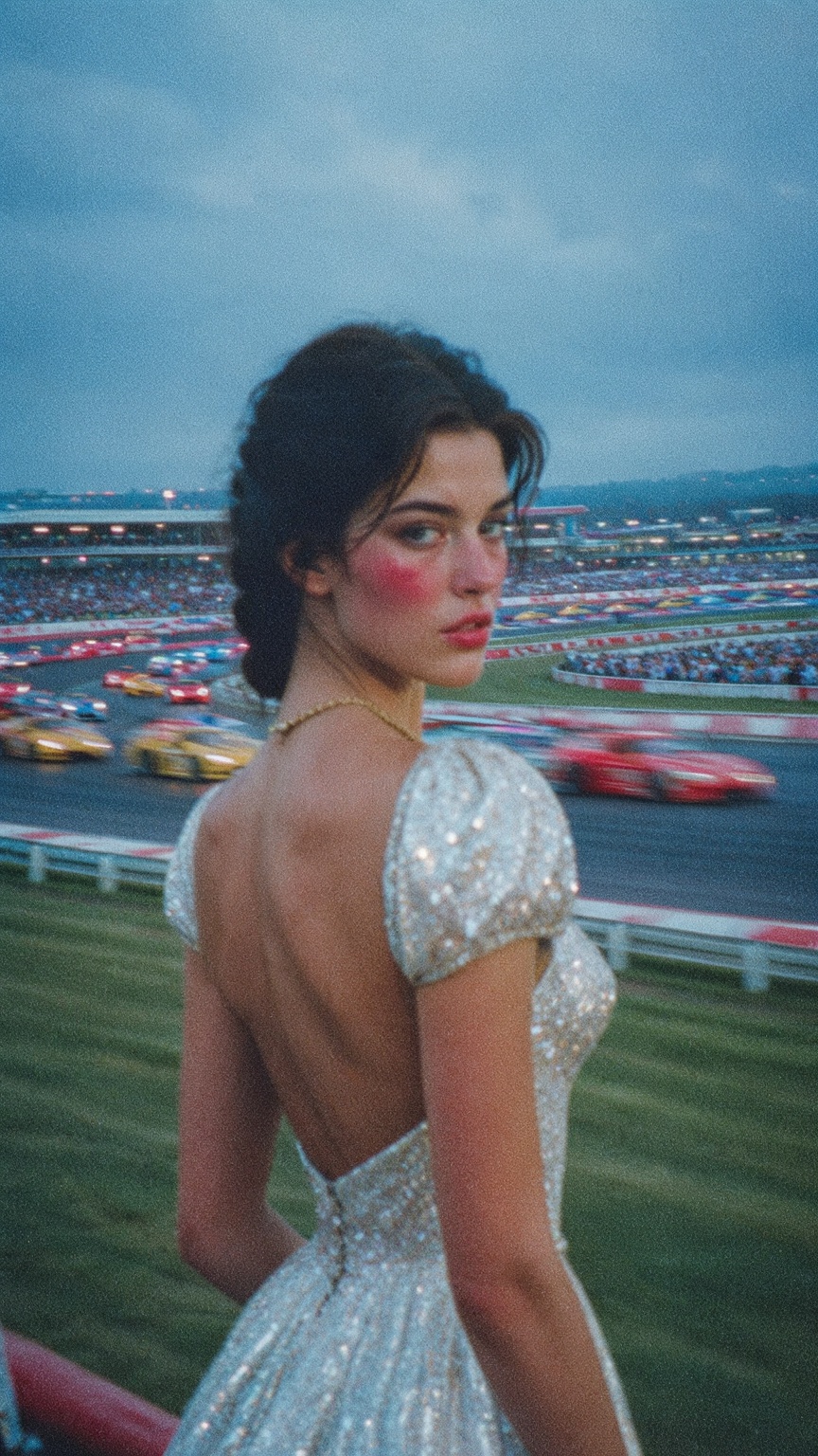A young woman with dark hair styled in a low braid stands in profile,  glancing over her shoulder toward the viewer. She w...