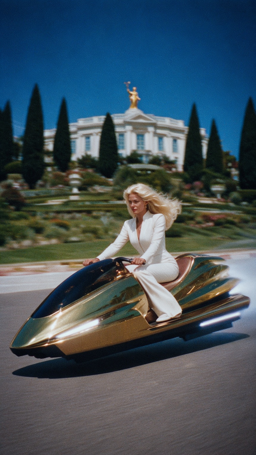 A woman with voluminous blonde hair,  dressed in a white long-sleeved jumpsuit,  rides a sleek on Tensor.Art