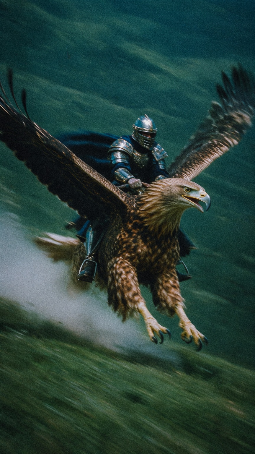 A majestic eagle with outstretched wings soars low over a blurred green landscape,  its talons gripping a rider clad in da...