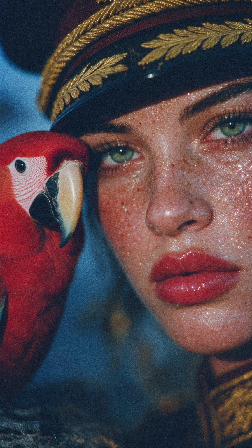 A close-up portrait features a person with fair skin,  freckles,  and striking green eyes on Tensor.Art