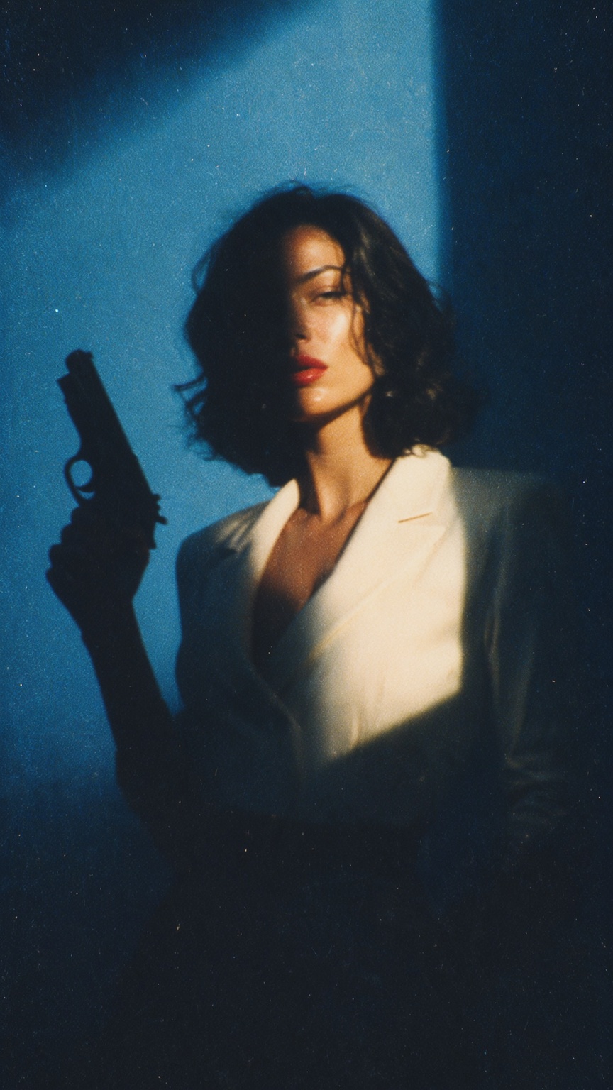 A woman with dark,  wavy shoulder-length hair holds a handgun in her right hand,  arm extended downward on Tensor.Art