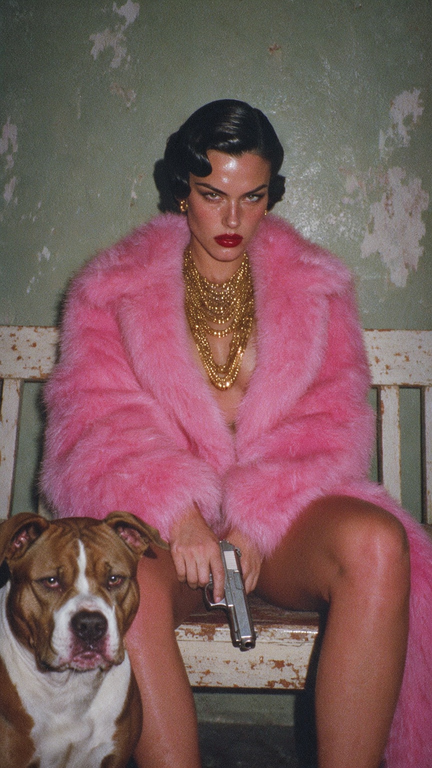 A raw,  high-fashion editorial shot featuring a fierce woman embodying a "mob boss" aesthetic,  sitting on a distressed on...
