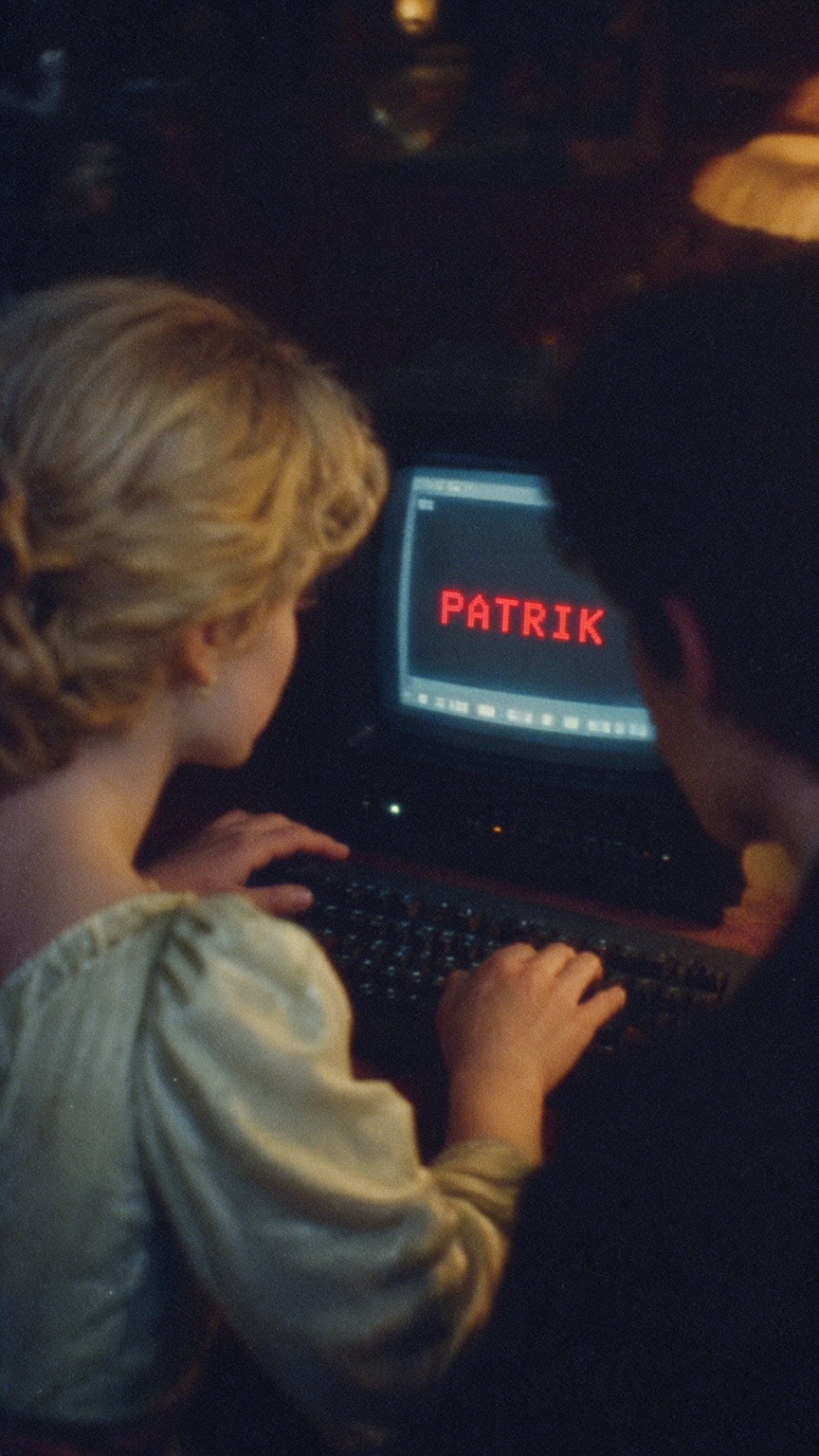Two people sit closely at a vintage CRT computer in a dimly lit room,  their attention fixed on the screen displaying the...