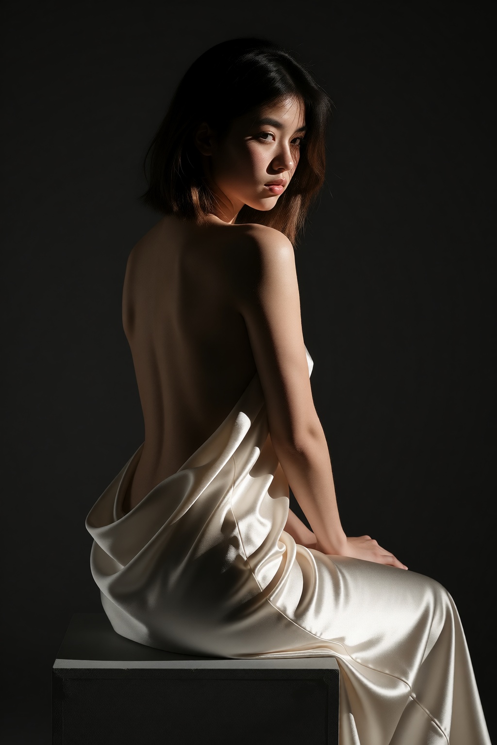 Fine-art studio photograph of NariID,  20 year old woman seated sideways on a low plinth,  her bare back turned partly tow...