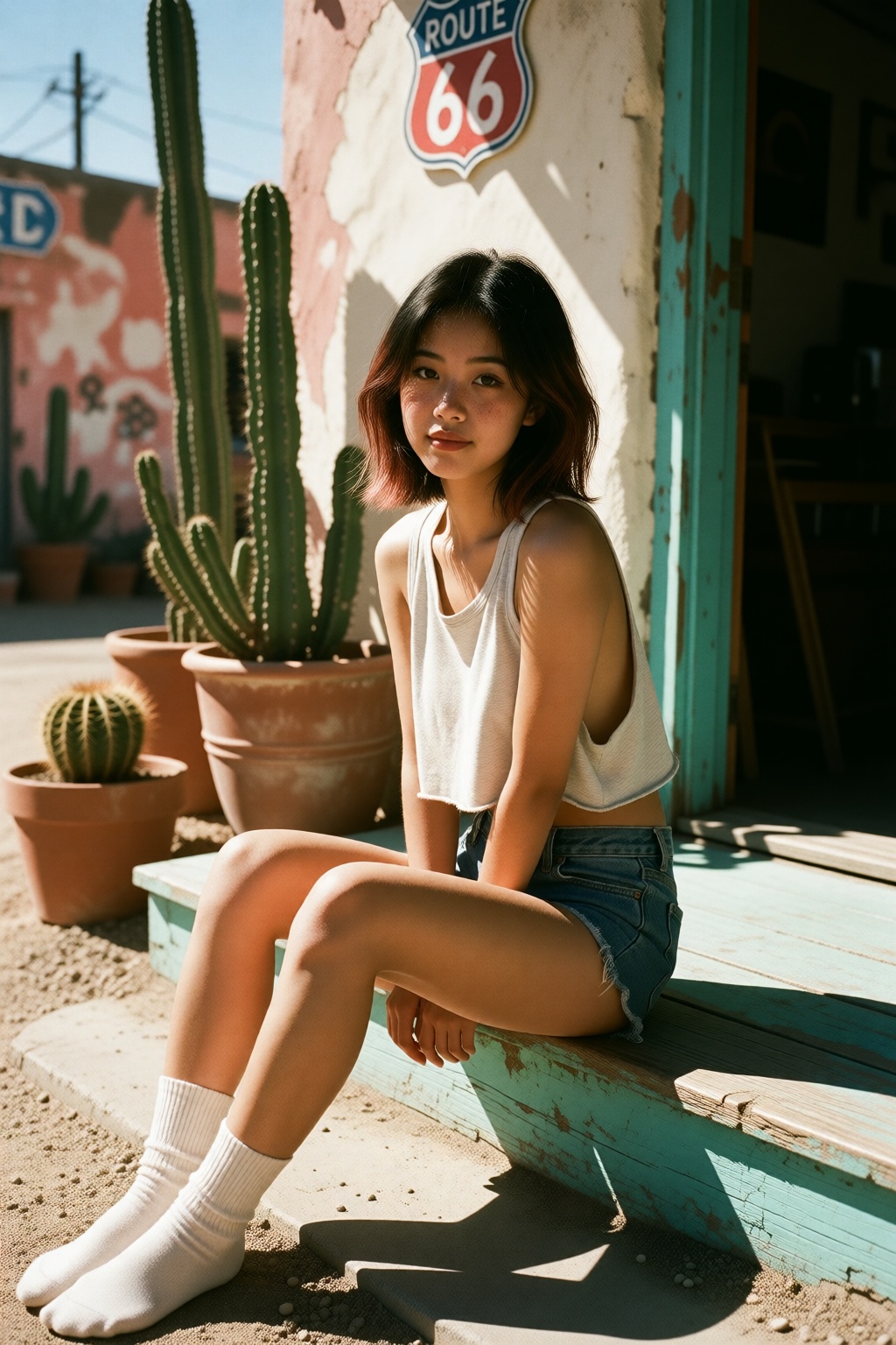 photo of NariID a young woman,  sitting on a turquoise porch step in a desert arts district with cactus pots and faded stu...