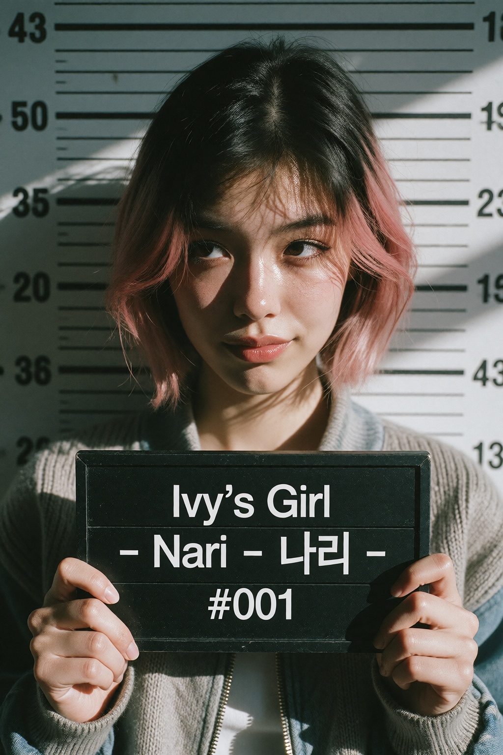 A Frontal police booking photo of NariID a young woman,  holding a booking placard reading "Ivy's Girl - Nari - 나리 - #001"...