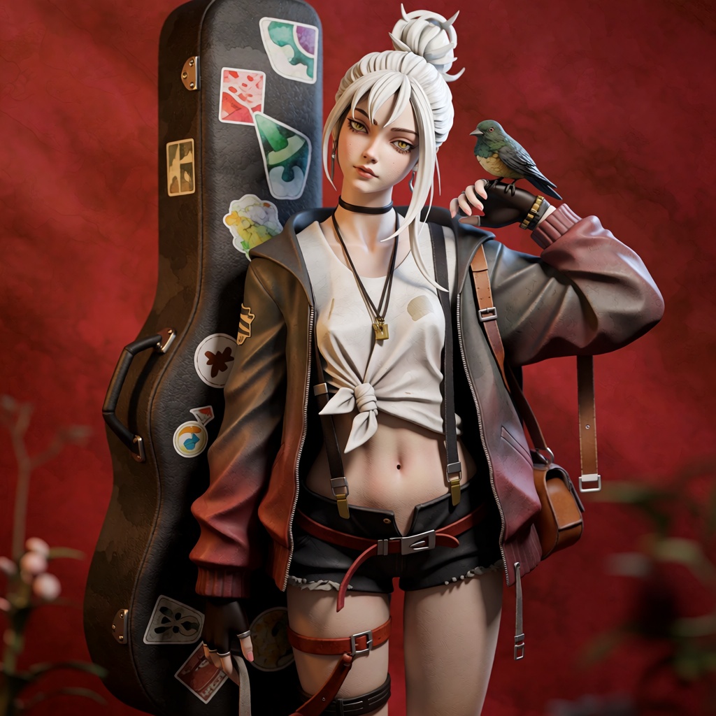 The image presents a detailed 1girl character standing in a solo pose,  looking directly at the viewer with a neutral expr...