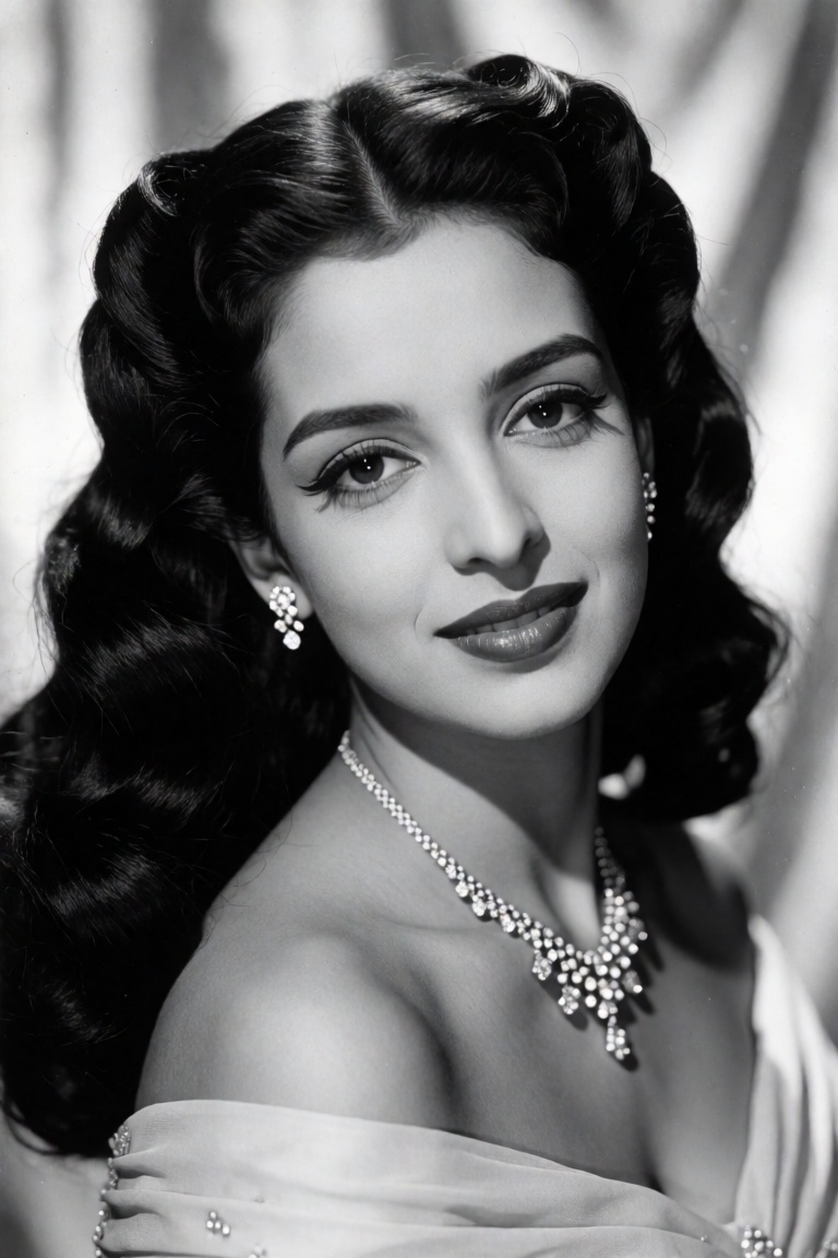 **Appearance** Indian woman,  approximately late 20s to mid-30s,  with fair skin rendered in smooth grayscale tones. Volum...