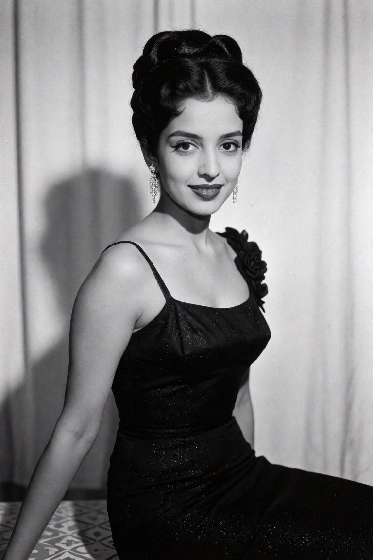 **Appearance** Indian woman,  approximately mid-20s to early 30s,  with fair skin rendered in soft grayscale tones. Dark b...
