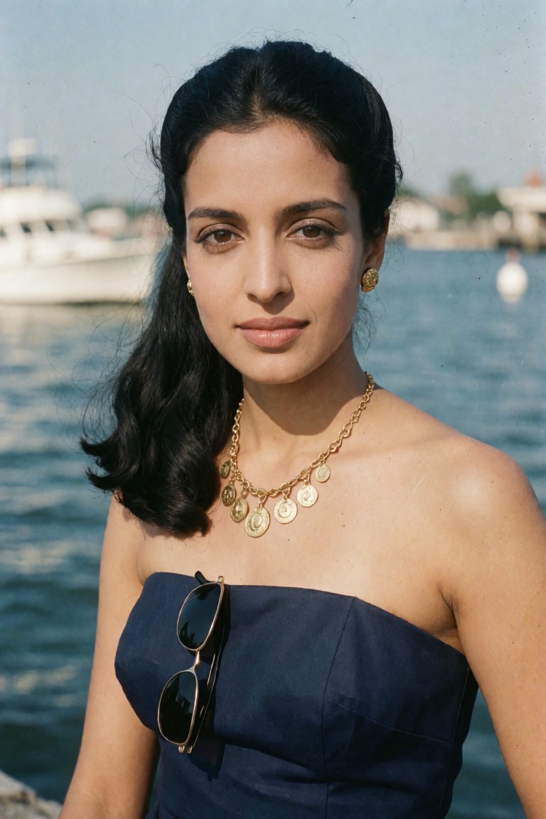 **Appearance** Indian woman,  approximately early to mid-30s,  with warm medium-olive skin and a natural sunlit sheen. Lon...